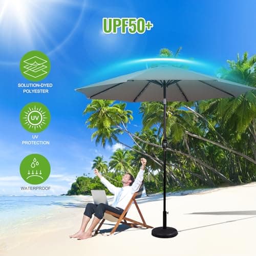 Backyard Expressions 9ft Solar Patio Umbrella with 32 LED Lights - Beige – Outdoor Market Umbrella with Tilt & Crank, Solar-Powered Lighting
