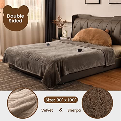 Bearhug Electric Blanket King Size 100" x 90", Dual Controller Heated Blanket, Velvet & Sherpa, 10-Heat Levels & 1-12H Auto Off, Over-Heat Protect, ETL, Machine Washable