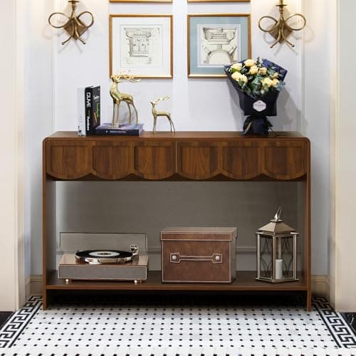 Console Table with Drawers, Mid-Century 43 Inches Narrow Entryway Tables with Open Storage Shelves, Hallway Accent Tables Behind Couch Table for Living Room - Walnut