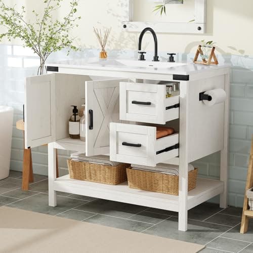 AMERLIFE 36" Farmhouse Bathroom Vanity with Sink Combo, Wood Barn Door Freestanding Small Single Bath Storage Cabinet Set with Sliding Drawers & Open Shelf, Paper Towel Holder, Antique White