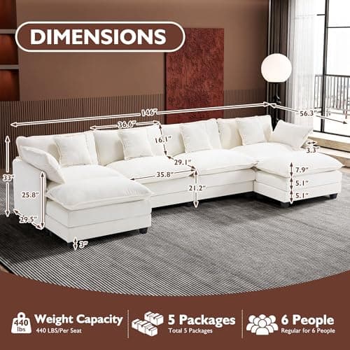 Ihanherry 146" U-Shaped Modern Sofa Modular Sectional Cloud Couch with 2 Ottoman, 6-Seat Chenille Deep Seat Sofa with 6 Pillows for Living Room, Bedroom and Apartment, Beige