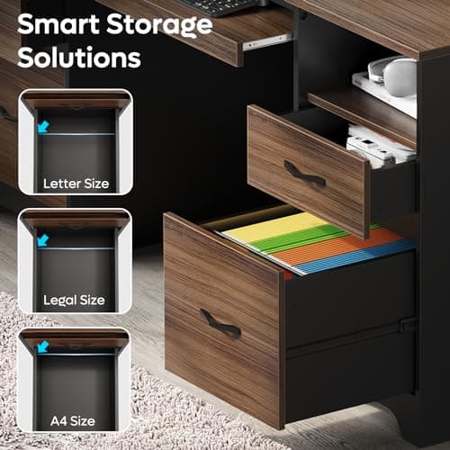 Bestier 59” Computer Desk with 4 Drawers, Office Desk with Storage, Industrial Executive Desk with File Drawer, Keyboard Tray & 2 Pedestals for Home Office & Studio, Cherry