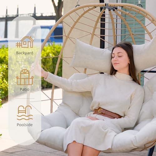 Easyego Double Egg Chair, 2-Person Hammock Chair with Stand, 660LBS Capacity, Thick Padded Cushion, UV Resistant PE Rattan Wicker, Indoor/Outdoor for Garden, Patio, Lawn, Bedroom, Balcony (Beige)