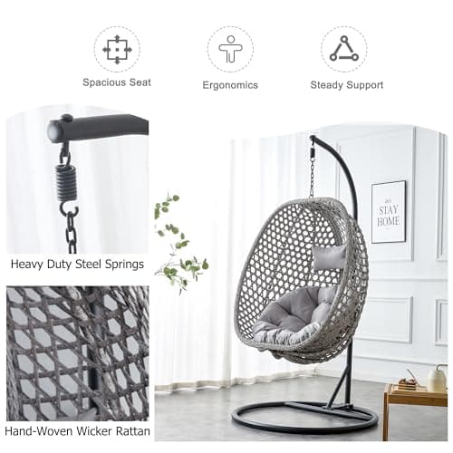 Egg Swing Chair Outdoor with Stand, Hanging Egg Rattan Basket Chair with Cushion and Pillow, Lounge Chairs, Foldable Basket and Metal Stand for Porch, Patio, Bedroom, Balcony,Yard (Grey)