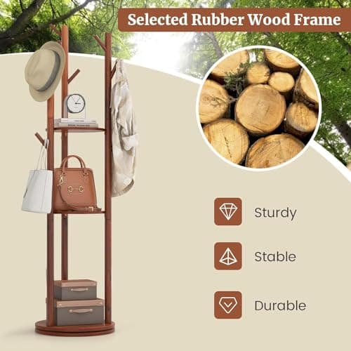 Rotary Coat Rack, Wooden Coat Rack Freestanding with 3 Shelves and 9 Hooks, Coat Tree, Sturdy and Easy Assembly Coat Rack Stand for Entryway,Hallway,Bedroom,Coats,Bags,Hats