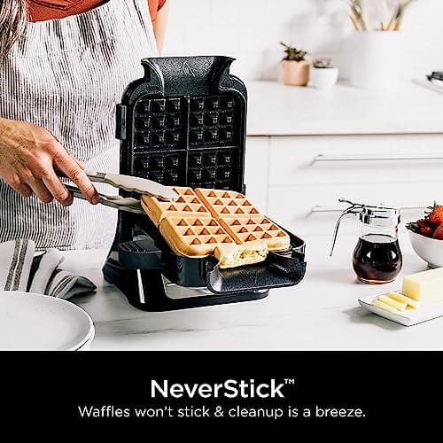 Ninja BW1001 NeverStick PRO Belgian Waffle Maker, Vertical Design, 5 Shade Settings, Precision-Pour Cup NOT Included* (Renewed) (White)