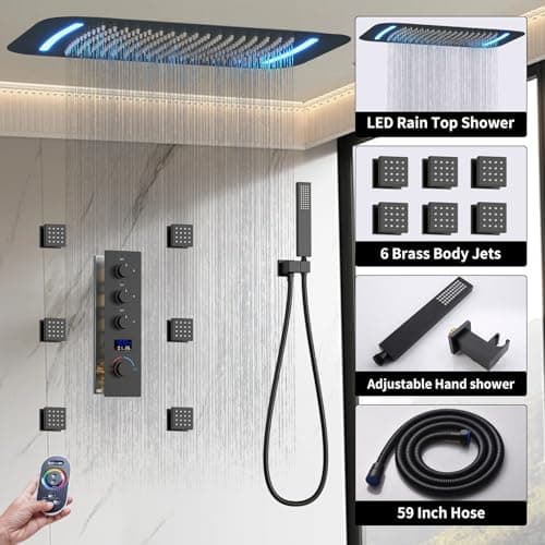 Matte Black Thermostatic Shower System Digital Display Full Body Shower System with 16 x 26 Inch Ceiling Rain LED Shower Head, Handheld Shower and 6 PCS Body Jets