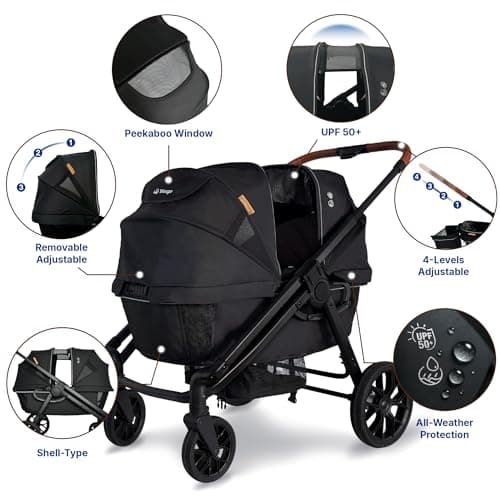 Tandem Wagon Stroller for 2 Kids, All-Terrain with Removable UV-Protection Canopy, Adjustable Push/Pull Handle, Snack Tray & Cup Holders, Perfect for Baby and Toddler（Khaki）