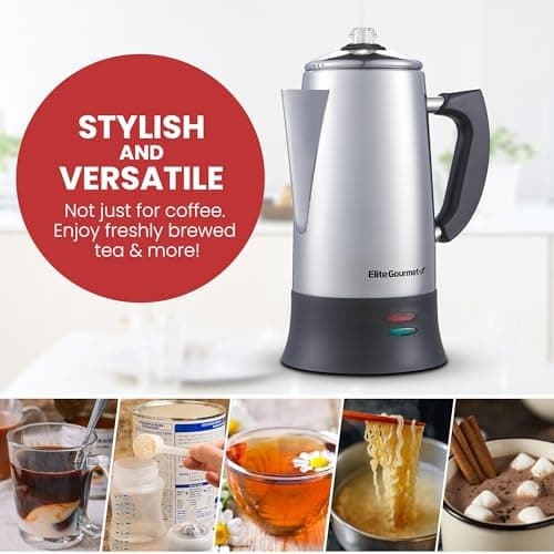 Elite Gourmet EC923 Electric Coffee Percolator, BPA Free, Keep Warm, Clear Brew Progress Knob, Cool-Touch Handle, Cordless Serve, 12-Cup, Stainless Steel