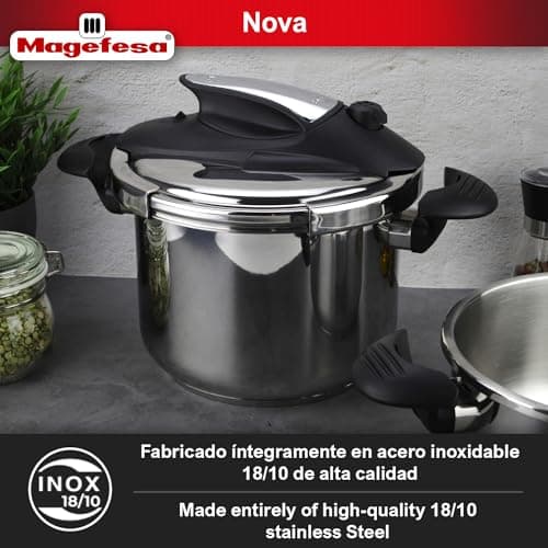 Magefesa Nova 4.2 Qt Stovetop Pressure Cooker – Fast Cooking, Easy Locking, 18/10 Stainless Steel, Induction Compatible, 5 Safety Features, 11.6 PSI