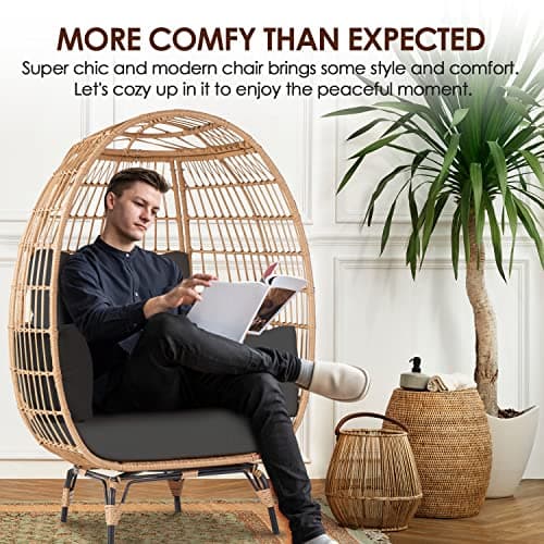 Oversized Wicker Egg Chair Set of 2, Outdoor Indoor Lounger with 4 Cushions, 440lb Capacity, Egg Basket Chair for Living Room, Backyard, Balcony, Patio, Black