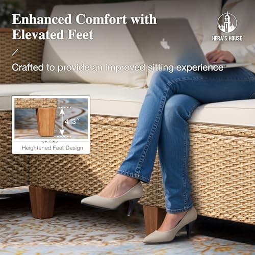 HERA'S HOUSE Small Patio Furniture Set, All Weather 3 Pieces Wicker Outdoor Sectional Set,Yellow Rattan Conversation Set with Lounge Sofa and Coffee Table for Lawn, Garden