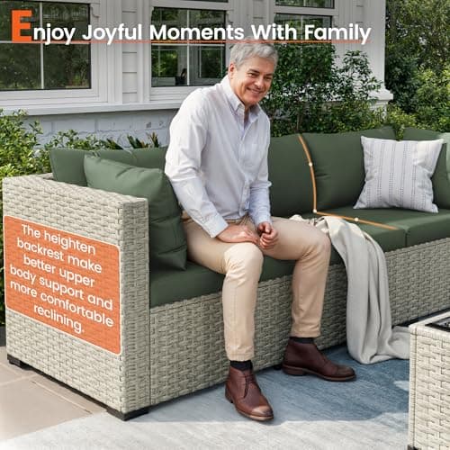 Patio Furniture Set, 7-Piece Outdoor Sectional All-Weather Wicker Patio Conversation Set for Backyard (Green Cushions with Grey Rattan)
