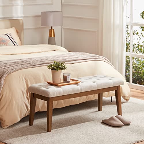 HUIMO Bedroom Bench for End of Bed, Upholstered Dining Seat for Kitchen, Button-Tufted Ottoman Bench for Entryway and Living Room, Beige