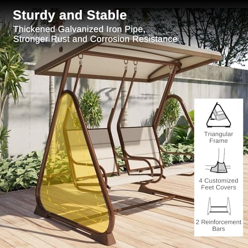 EAST OAK 2-Person Outdoor Porch Swing with Adjustable Canopy, Patio Swing Chair with Comfortable and Breathable Seats, Independent Swing Chairs for Garden, Balcony, Backyard, Chestnut Brown