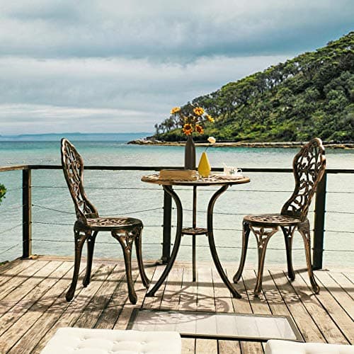Yaheetech 3-Piece Outdoor Bistro Set w/Leaf Design, Rust-Resistant Cast Aluminum Table and Chairs for Balcony Backyard Garden