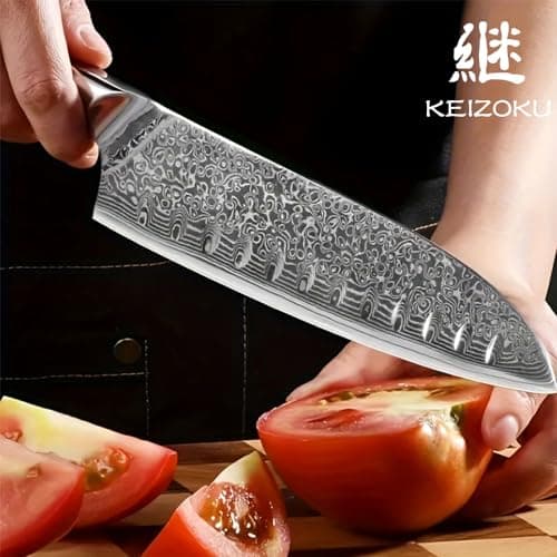 Damascus Steel Santoku Knife 7 Inch, Japanese Professional 10Cr15MOV Blade with Hand Forged Hammer Pattern, Ultra Sharp Kitchen Knife with Abalone Shell Ergonomic Handle