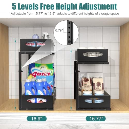2 Pack Under Sink Organizer, 2 Tier Metal Pull Out Under Sink Storage with Sliding Mesh Drawers, Height Adjustable Slide Out Under Sink Organizer for Kitchen Bathroom Cabinet, Black