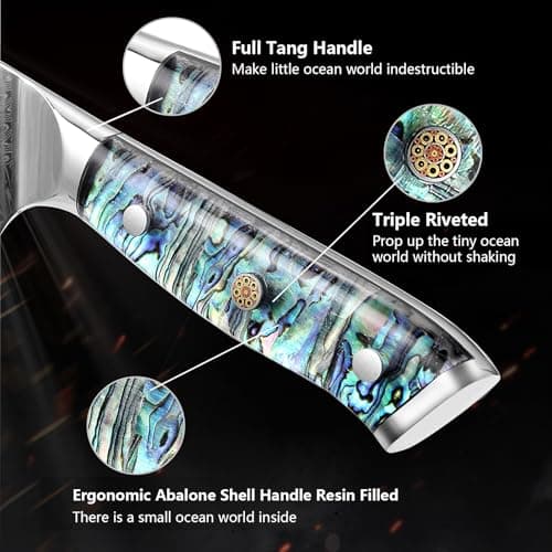 Damascus Steel Santoku Knife 7 Inch, Japanese Professional 10Cr15MOV Blade with Hand Forged Hammer Pattern, Ultra Sharp Kitchen Knife with Abalone Shell Ergonomic Handle