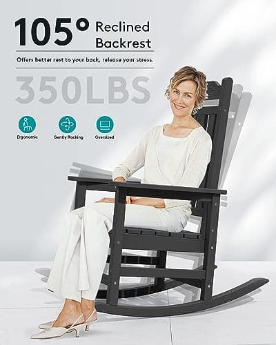 SERWALL Black Outdoor Rocking Chair Set of 2, All Weather Patio Rocking Chair, HDPE Poly Rocking Chair for Adults, Heavy Duty Front Porch Rocker