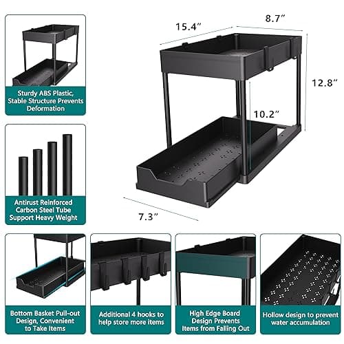 2 Pack Under Sink Organizer, 2 Tier Bathroom Cabinet Organizer with Sliding Basket, Multi-Purpose Under Sink Organizers and Storage for Bathroom Kitchen