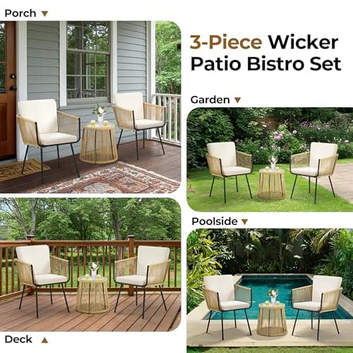 Yaheetech 3 Piece Patio Rattan Bistro Set, Outdoor All Weather PE Wicker Conversation Furniture Set with 2 Chairs & Tempered Glass Top Table & Cushions, for Poolside/Porch/Garden/Yard, Tan/Cream