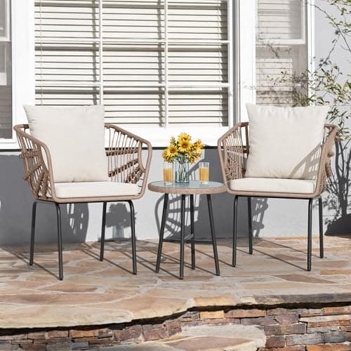 YITAHOME 3-Piece Outdoor Wicker Patio Conversation Bistro Set, All-Weather Furniture Set with Table & Cushions, Outdoor Sectional Sofa for Balcony, Backyard, Deck, Beige