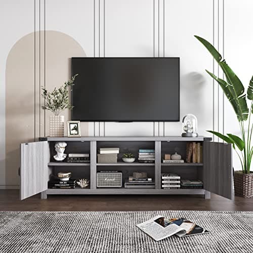 YESHOMY Modern Farmhouse TV Stand with Two Barn Doors and Storage Cabinets for Televisions up to 65+ Inch, Entertainment Center Console Table, Media Furniture for Living Room, 58 Inch, Gray Wash