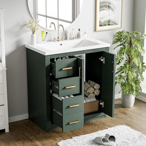 Merax 30'' Bathroom Vanity with Ceramic Sink Combo, Solid Wood Frame Bathroom Storage Cabinet, Freestanding Vanity Set with 3 Drawers& Soft Closing Doors, Green