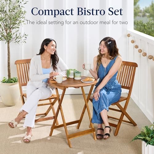 Best Choice Products 3-Piece Acacia Wood Bistro Set, Folding Patio Furniture for Backyard, Balcony, Deck w/ 2 Chairs, Round Coffee Table, Teak Finish - Natural