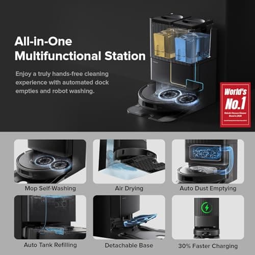 roborock Qrevo Series Robot Vacuum and Mop, 8000Pa Suction, Upgraded from Qrevo S, Anti-Tangle Brushes, Smart Obstacle Avoidance, Auto Mop Washing, All-in-One Dock, 200RPM Spinning Mops, Black(QV 35A)