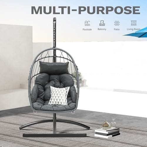 DWVO Egg Chair with Stand, Hanging Outdoor Rattan Wicker Patio Hammock Indoor Egg Chair with Cushion, Hanging Swing Chair 350lbs for Porch, Garden, Bedroom, Balcony, Gray