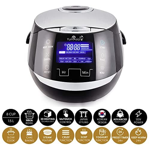 Yum Asia Sakura Rice Cooker with Ceramic Bowl and Advanced Fuzzy Logic (8 Cup, 1.5 Litre) 6 Rice Cook Functions, 6 Multicook Functions, Motouch LED Display, 120V Power (Black and Silver)