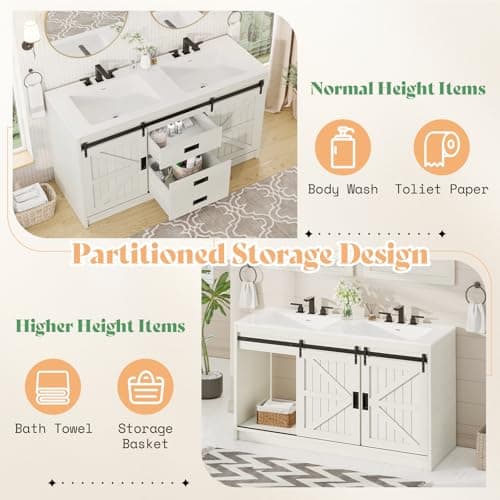 AMERLIFE 61" Farmhouse Double Bathroom Vanity with Sink Combo, Dual Basin Bathroom Storage Cabinet with Sliding Barn Doors & Drawers, Large Double Bath Vanity Sink Set, Rustic White