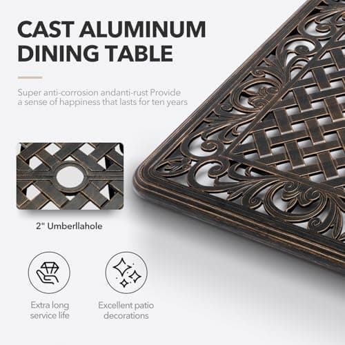 7 Piece Outdoor Dining Set Cast Aluminum, Retro Patio Dining Furniture Set for 6 Includes 59” Rectangular Table 2 Swivel Chairs with Thicker Cushions and Umbrella Hole for Patio Deck Garden