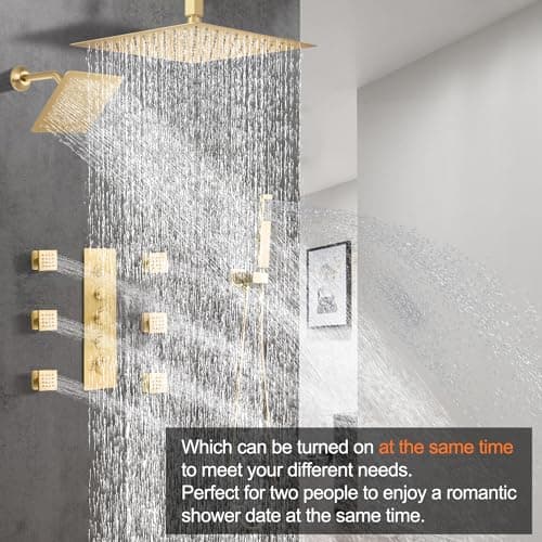 Thermostatic Shower System Dual Shower Heads with 16" Ceiling Mounted Rain Shower Head & 6" Wall Mounted Head 4 Function Shower System with body jets Can All Run Together, Brushed Gold