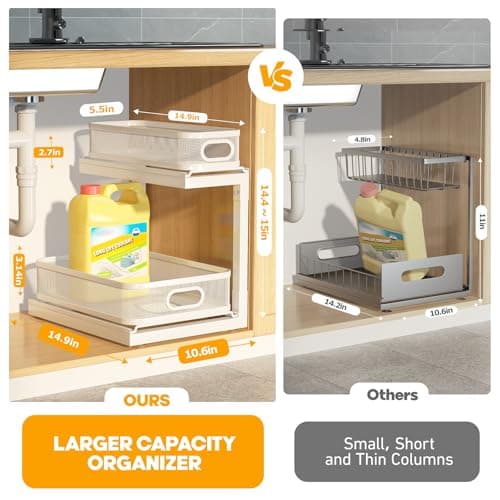 2-Pack Under Sink Storage Organizer with 2-Tier Slide Out Drawer, Sophisticated Mesh Pull Out Shelf for Kitchen & Bathroom, Fits Small Items, Upgraded Arched Track for Smooth Gliding(Patented)