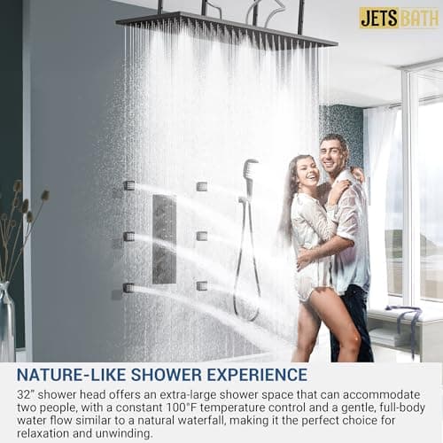 32” Luxury Thermostatic Full Body Shower System with 32-Inch Mist & Rainfall Shower Head & 6 Body Jets, Handheld, JetsBath Matte Black Two Person Shower Faucet Set, Smart Shower System for Couples