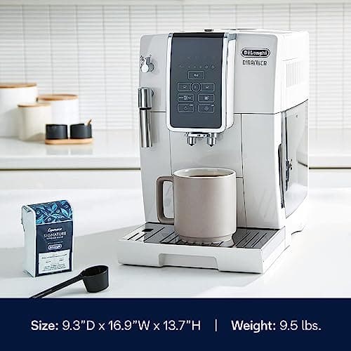 De'Longhi Dinamica Espresso Machine, White - Automatic Bean-to-Cup Brewing, Built-In Steel Burr Grinder & Manual Frother - One-Touch Hot & Iced Coffee - Easy Cleanup