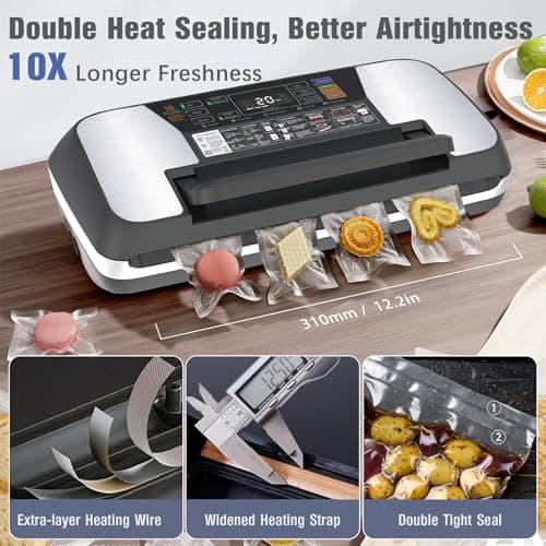 230 Watts Vacuum Sealer for Food, Commercial Vacuum Sealer Machine with Double Heat Seal, Easy Lock Handle, 12 Functions, Bags Storage,Build-in Cutter, 1 Roll and 10 Pre-cut Bags, Progress Display