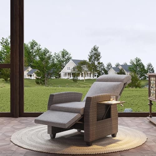 Outdoor Wicker Recliner Chair, Patio Recliner with Independently Adjustable Backrest and Footrest, All-Weather PE Wicker Patio Reclining Lounge Chair with Flip-Up Table Air Pump 155° Lay Flat