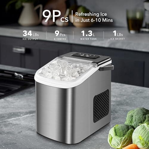 MAXEVE Ice Maker Countertop, 34LBs/24H Ice Machine, 2 Bullet Size, Fast Making 9Cubs in 5 Mins, Portable Ice Maker Machine with Self Cleaning, Ice Basket, Ice Scoop for Home/Office/Bar (Silver)
