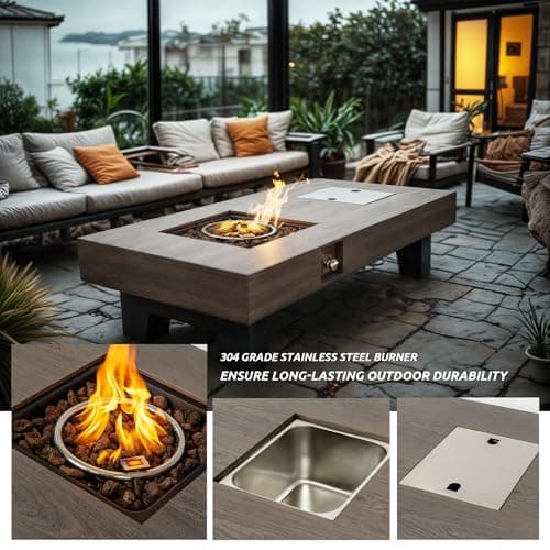 Propane Fire Pit,Outdoor Gas Fire Pit Table with Rain Cover,Rectangular Heater for Patio, Backyard, Deck,50,000BTU Outdoor Modern Patio Fire Pit (Wood, 54)