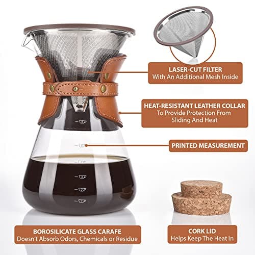 Pour Over Coffee Maker Set with Double-Layer Stainless Steel Filter, Coffee Dripper, Cork Lid and Leather Collar Holder - High Heat Resistance Borosilicate Glass Carafe, Great Gift Idea (37 oz)