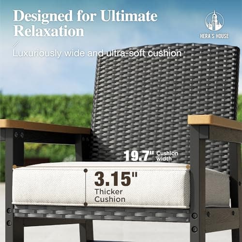 HERA'S HOUSE Patio Table and Chairs Set 7-Piece, HDPE Outdoor Dining Furniture Set with Cushions, All-Weather Wood Grain Table & Wicker Chairs for Backyard, Garden, Deck (Durable & Low Maintenance)