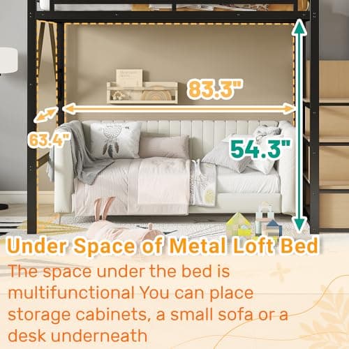 Full Size Loft Bed with Stairs and Storage, Metal Loft Bed Frame with Bedside Shelf and Large Under-Bed Space, Heavy-Duty Bed for Adults Teens and Kids, Black