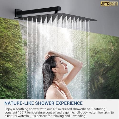 16” Thermostatic Rain Shower System with 6 Body Jets & 16-Inch Rainfall Shower Head, JetsBath Full Body Shower Faucet Sets with Valve & Handheld, Matte Black Luxury Wall Mount Shower Faucet Set
