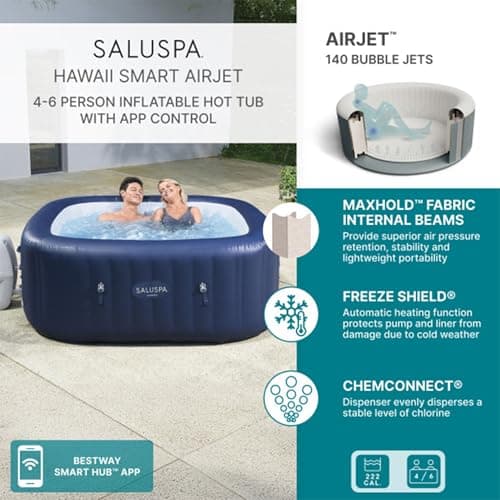 Bestway SaluSpa Hawaii 4 Person Smart AirJet Inflatable Hot Tub Spa with 140 Jets and App Control