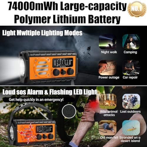 74000mWh Emergency Radio with NOAA Weather, Portable Hand Crank SW/AM/FM Survival Radio with Fast Charge Rechargeable Solar Battery, Flashlight, Reading Lamp,SOS Sirenor Home Outdoor