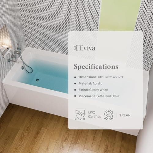 Eviva Nova 60" White Acrylic Free Standing Tub for Bathrooms - White Bathtub with Chrome Left-Hand Drain - luxurious Bathtubs - 60 inch Bathtubs for Bathrooms